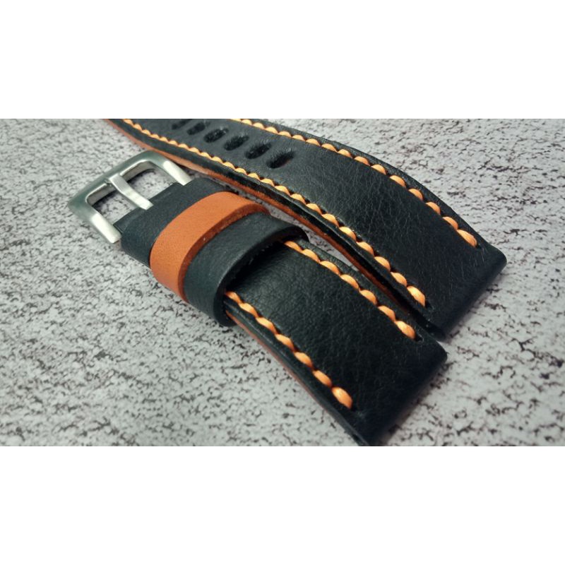 สายนาฬิกาหนังแท้สีดำ (ซับหนังสีส้ม) ด้ายส้ม Watch Straps ขนาด 18,20,22,24,26 mm. แถม!! สปริงบาร์ 1 คู่ (ผลิตในไทย)