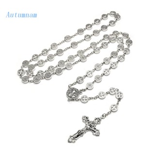 AUTU Rosary Catholic Necklace Lady Vintage Silver Metal Prayer Rosary Chain Saint Benedict Christian Jewelry Gift for Me