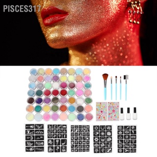 Pisces317 Glitter Tattoo Kits 50 Color 6 Luminous Powder 30ml Glue Long Lasting Make Up with Small Comb