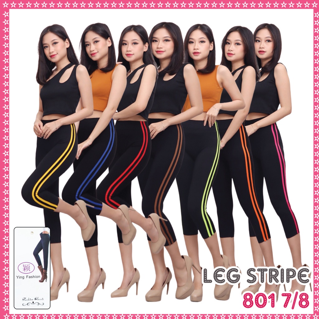 Hitam PUTIH Agape - แถบ leggings 801 Short Black / เลกกิ้งแถบขาว 7/8 - เลกกิ้งแถบขาว / เลกกิ้งสีดํา