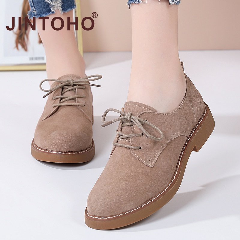 【JINTOHO】 พร้อมส่ง รองเท้าหนังนิ่ม ส้นเตี้ย ผ้าออกซ์ฟอร์ด แบบผูกเชือก แฟชั่นสําหรับผู้หญิง