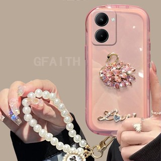 พร้อมส่ง เคสโทรศัพท์มือถือนิ่ม แบบใส ลายหงส์ ประดับมุก คริสตัล พร้อมสายคล้องมือ สําหรับ VIVO Y27 Y36 Y78 4G 5G VIVO Y02t 2023 Y27 Y36