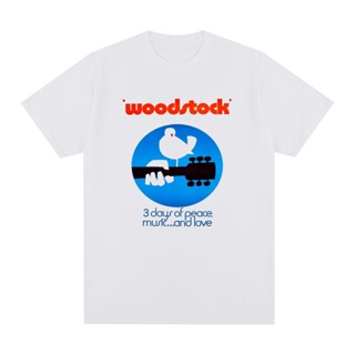 เสื้อตราหานคู่ Woodstock วินเทจเสื้อยืดสันติภาพรักเพลงกีต้าร์เบิร์ดผ้าฝ้ายผู้ชายเสื้อยืดใหม่ทีเชิ้ตเสื้อผู้หญิง