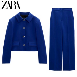 Zara ฤดูใบไม้ร่วง สไตล์ใหม่ กระดุมโลหะ ตกแต่งเสื้อแจ็กเก็ต ตัวสั้น + กางเกงทรงตรง 8984888 7900888