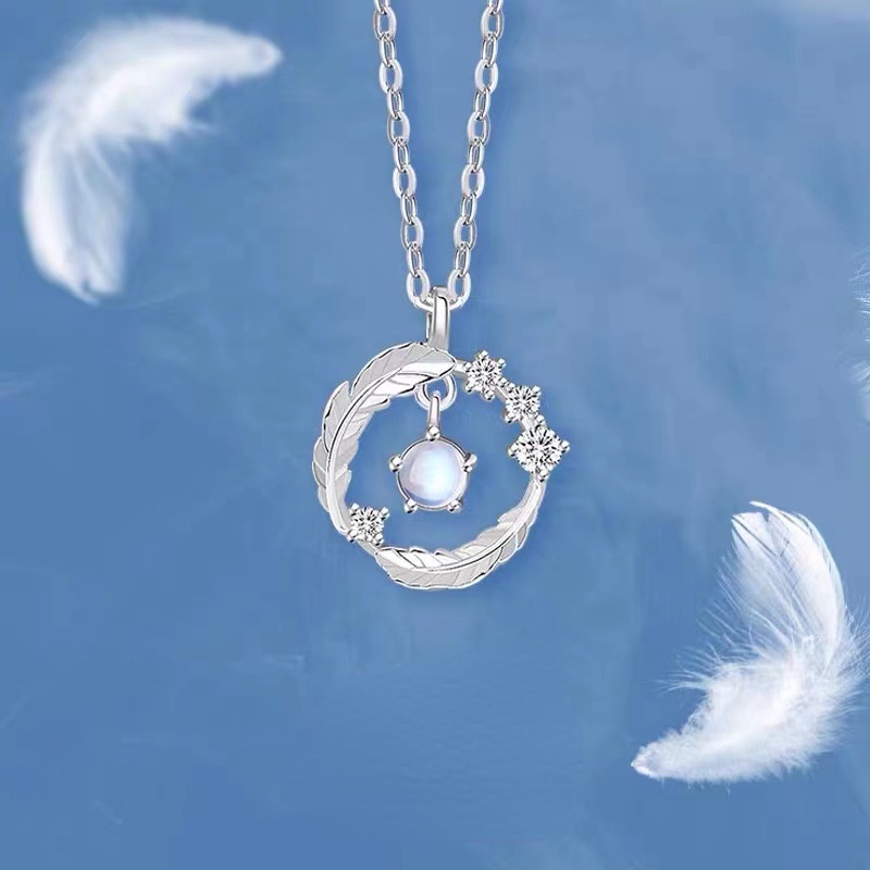 สร้อยคอโซ่เงินแท้ เกรด 925 จี้ขนนก และหินดวงจันทร์ หรูหรา สีสันสดใส เครื่องประดับ สําหรับเด็กผู้หญิง