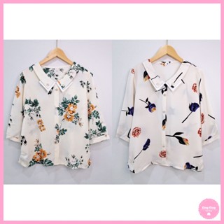 เสื้อคอปกเเขนสามส่วน เเบบสวม เเต่งกระดุม ผ้าเกาหลี ใส่สบาย ลายดอกสวย เสื้อผู้หญิง