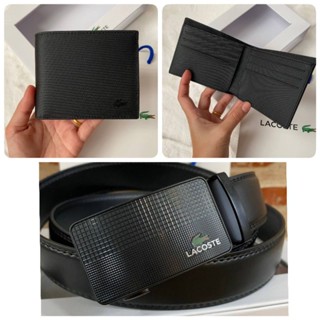 Lacoste leather belt &amp; wallet กระเป๋าสตางค์คู่เข็มขัดผู้ชาย สีดำ หัวเข็มขัดยกลอน