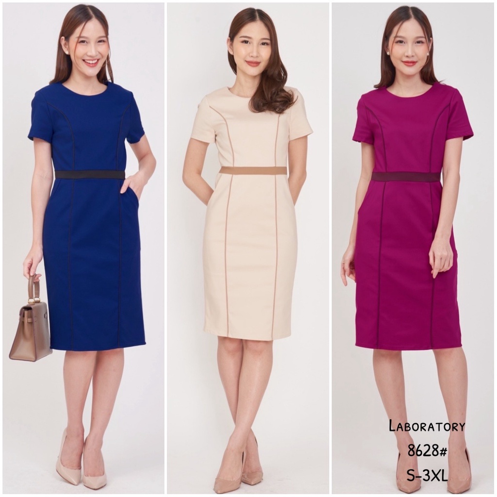 *Laboratory* เดรส 8628(หน้า 2)ชุดฟอร์ม ชุดสมัครแอร์ เดรสคอกลมแต่งกุ้นข้างเข้ารูป แขนสั้น