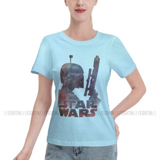 เสื้อยืดสีขาวผู้หญิง Star Wars Boba Fett เสื้อยืดผู้หญิงเสื้อคอตตอนเพื่อการพักผ่อน Kawaii เสื้อทีเชิ้ตแขนสั้นเสื้อเชิ้ตเ