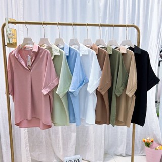 【W02】WanWan เสื้อเชิ้ตสไตล์เกาหลี Oversized ดีเทลแขนเบิ้น เรียบๆแต่เก๋ งานผ้า cotton ผสม ใส่สบาย100% #แมชท์ง่าย#ใส่ทำงาน