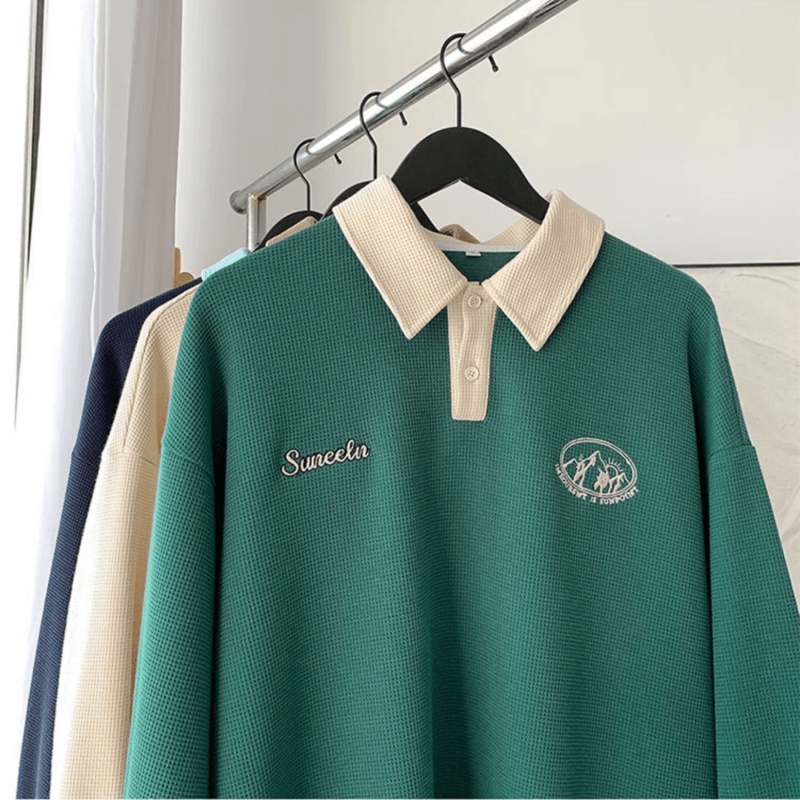 เสื้อโปโลลําลอง แขนยาว ระบายอากาศ ลายวาฟเฟิล คุณภาพสูง สไตล์ญี่ปุ่น แฟชั่นสําหรับผู้ชาย และผู้หญิง【M-3XL】