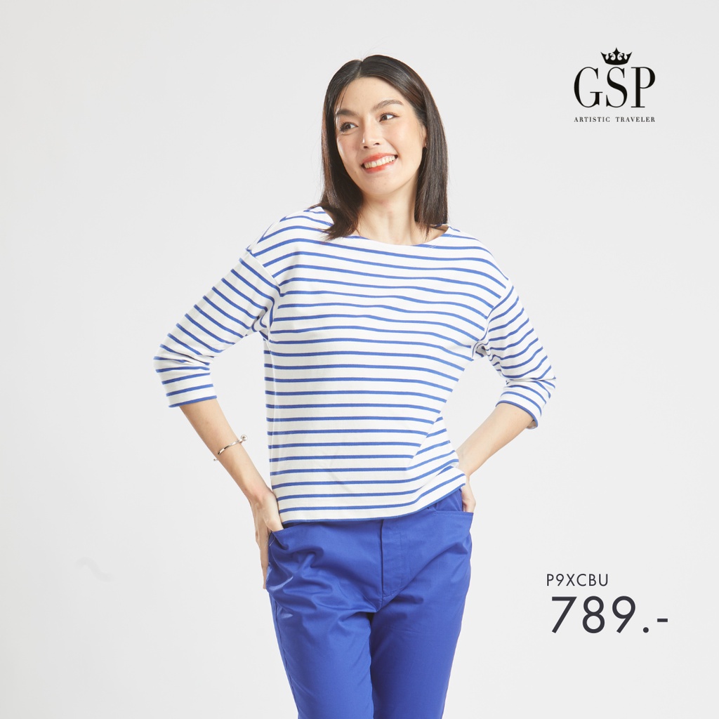 GSP เสื้อยืดผู้หญิง Blouse แขนยาวลายริ้วสีขาวกรม Lucky Stripes (P9XCBU)