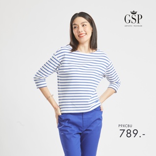 GSP เสื้อยืด เสื้อยืดผู้หญิง Blouse เสื้อยืดแขนยาวลายริ้วสีขาวกรม Lucky Stripes (P9XCBU)