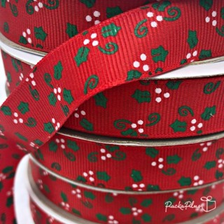 ริบบิ้นผ้า Xmas Leaves พื้นแดง ตัด 1 เมตร ริบบิ้นตกแต่งกล่องของขวัญ ผูกถุงขนม