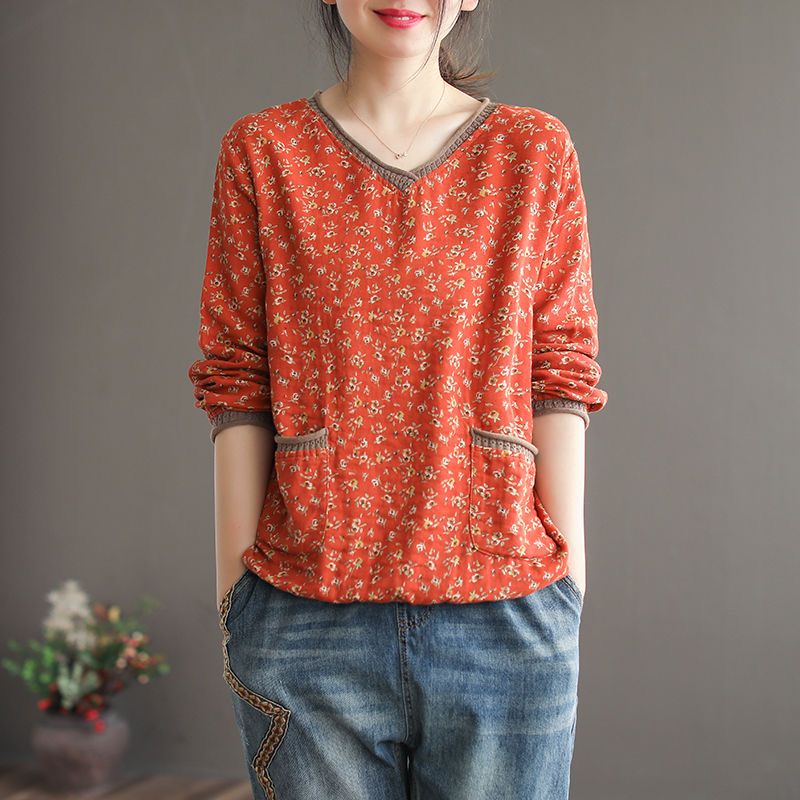 เสื้อยืดแขนยาว คอวี ผ้าฝ้าย และผ้าลินิน 100% ทรงหลวม ขนาดใหญ่ เข้ากับทุกการแต่งกาย แฟชั่นฤดูใบไม้ผลิ และฤดูใบไม้ร่วง สไตล์เรโทร สําหรับผู้หญิง