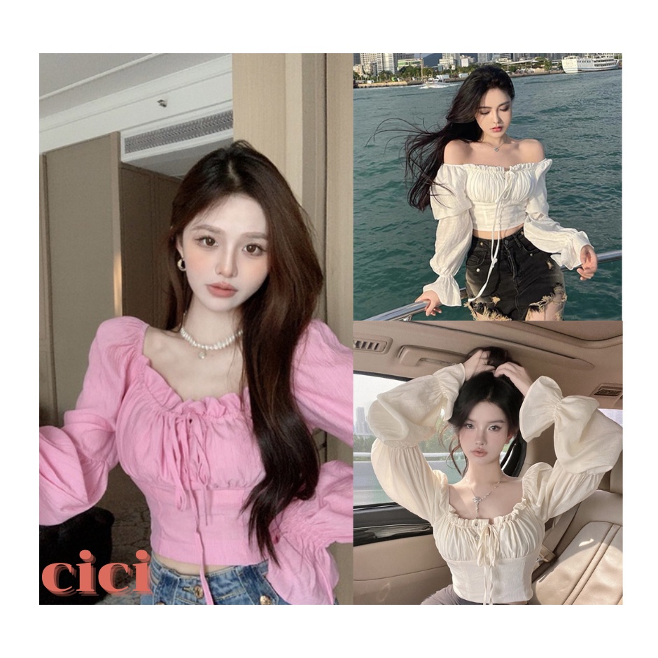 Cici พร้อมส่ง (X0492)CropTop เสื้อครอปปาดไหล่แขนพอง ดีเทลผูกโบว์คิ้วท์ๆ สไตล์สายเกา