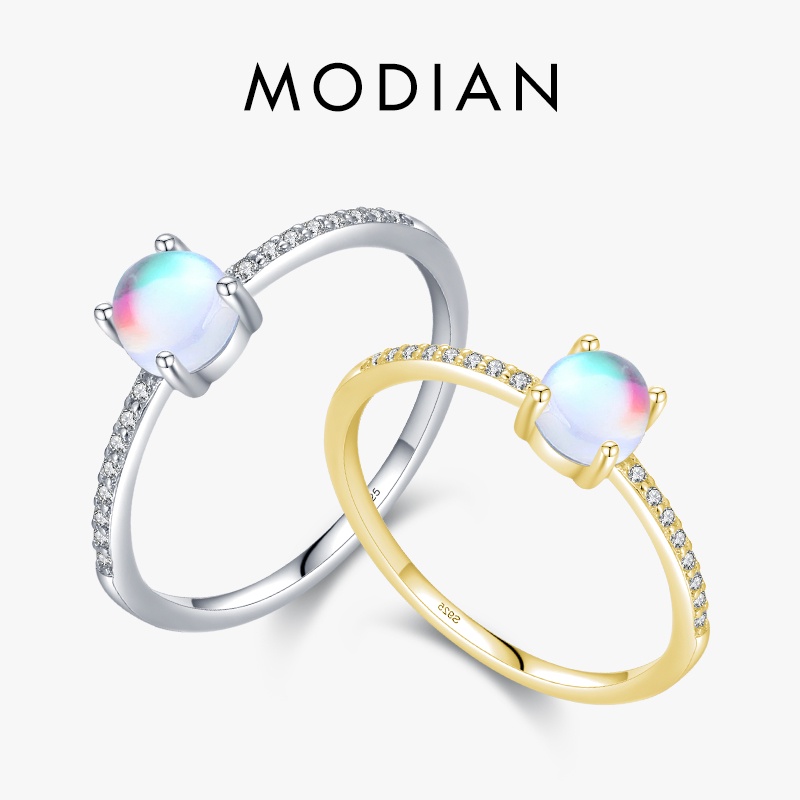 Modian ใหม่ แหวนเงินแท้ 925 ชุบทอง 14K ประดับมูนสโตน ทรงกลม เรียบง่าย เครื่องประดับ สําหรับผู้หญิง 2021