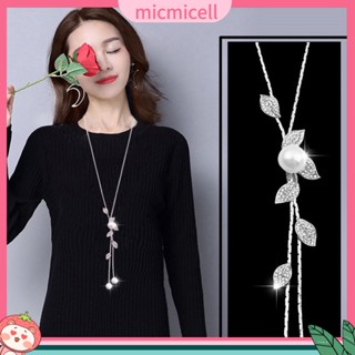 (micmicell) Ladies Fashion Faux Pearl Tassel Leaves Pendant Long Chain Necklace