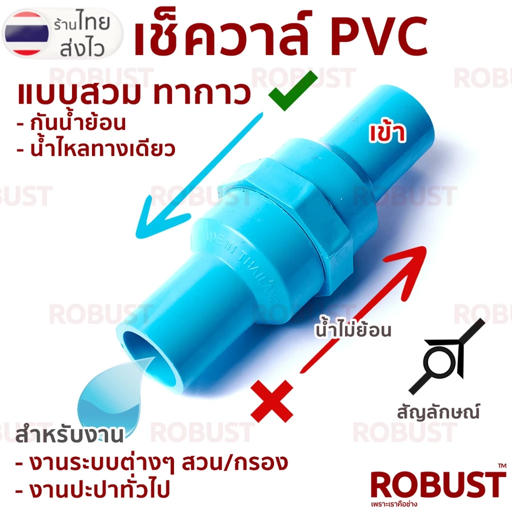 เช็ควาล์วลิ้นสปริงพีวีซีแบบสวมท่อ สำหรับงานประปา ขนาด 3/4 - 2 นิ้ว