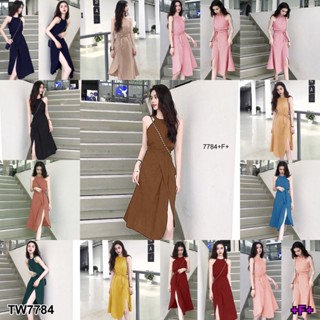 7784 Dress เดรสผ่าหน้าแขนกุดคอกลม Dress, front slit, sleeveless, round neck