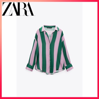 Zara ฤดูใบไม้ร่วงใหม่ ผู้หญิง ผ้าไหมซาติน เนื้อหลวม แขนยาว ผ้าเดรป เสื้อเชิ้ตแขนยาว