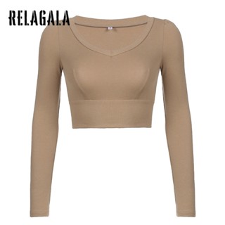 Relagala เสื้อยืดแฟชั่นสตรี แขนยาว คอวี รัดรูป สีพื้น