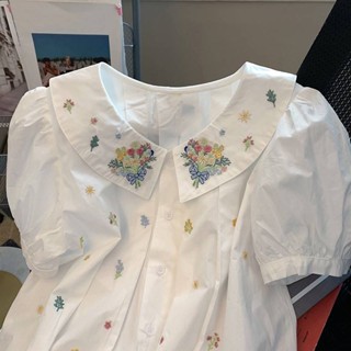 日系复古刺绣娃娃领甜美慵懒短袖衬衫 เสื้อสไตล์ญี่ปุ่น ปักลายสวยงาม ไซส์XL