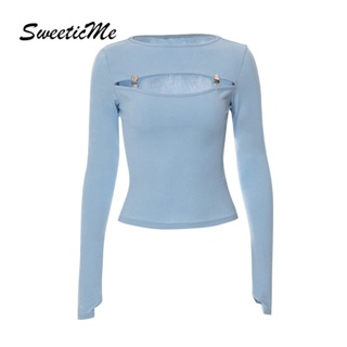 Sweeticme ใหม่ เสื้อยืดลําลอง แขนยาว เข้ารูป เซ็กซี่ สีพื้น แฟชั่นสําหรับสตรี 2022