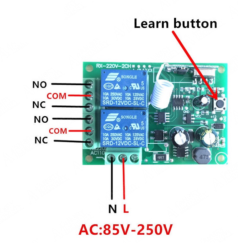 รีโมตคอนโทรล 433 MHz AC 110V 220V 10A 2CH rf รีเลย์รับ และส่งสัญญาณ สําหรับประตูโรงรถ - รูปที่ 4