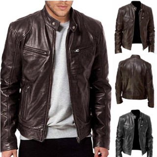 Men Vintage Cool Motorcycle Jacket Leather Long Sleeve Autumn Winter Coat Stand Collar Club Bomber Jacket