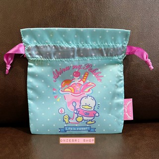 กระเป๋ารูดเชือก Sanrio 80s สีสดใส ลาย Ahiru no Pekkle สีฟ้า เป็นเหมือนผ้าลื่น ๆ * ของใหม่มีตำหนิ