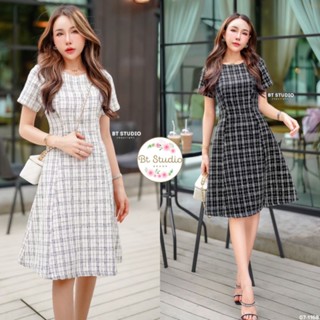 พร้อมส่ง🍪 เดรสผ้าทวิต แขนสั้น ทรงเอบาน ลายตาราง 🫖bt 07-1168