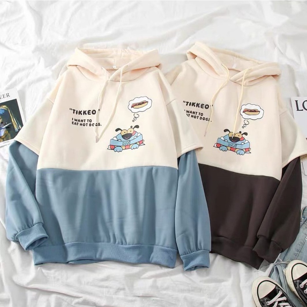 Tikkeo Color Combine Hoodie - เสื้อฮู้ดน่ารัก - เสื้อผ้าผู้หญิง - วัสดุผ้าฟลีซ - เสื้อกันหนาว - เสื้