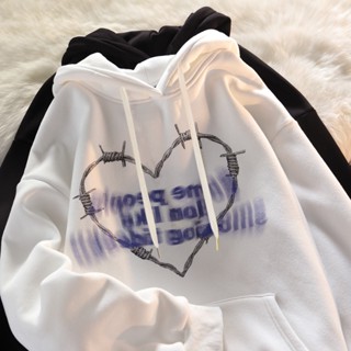 เสื้อกันหนาว แขนยาว มีฮู้ด พิมพ์ลายหัวใจ ทรงหลวม แบบสวมหัว ส…