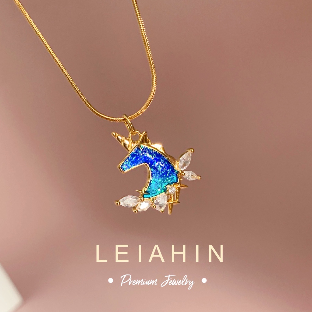 LEIAHIN สร้อยคอโซ่ สเตนเลส ทอง 18k จี้ยูนิคอร์น สีฟ้า เครื่องประดับ ของขวัญ สไตล์เกาหลี ปรับได้ สําหรับผู้หญิง ไซซ์