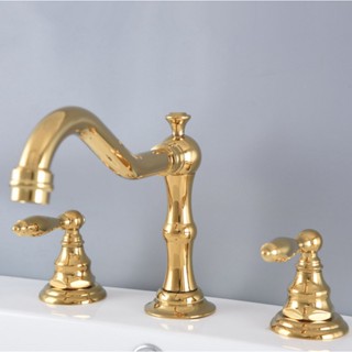 Widespread Gold Deck Mount Bathroom Basin Vessel Sink Tub Faucet Mixer Tap 3-Hole 2 Handles snf984