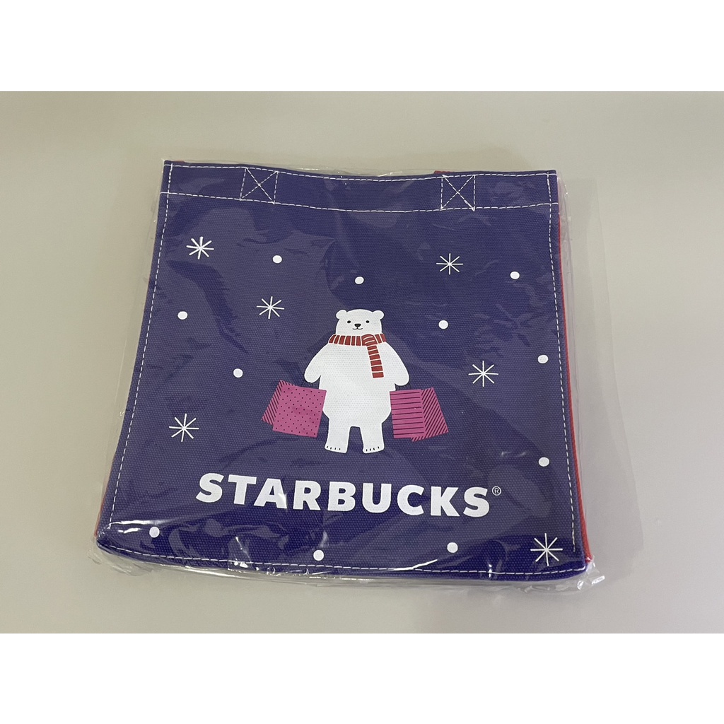 Starbucks Christmas Holidays Bag Snow &amp; Bear กระเป๋าผ้าสตาร์บัคสีม่วงลายหมีขาว พร้อมส่ง!!!!