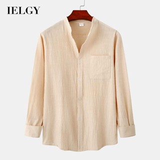 IELGY เสื้อเชิ้ตแขนยาวลําลอง ผ้าฝ้าย ผ้าลินิน มีกระเป๋า สําหรับผู้ชาย