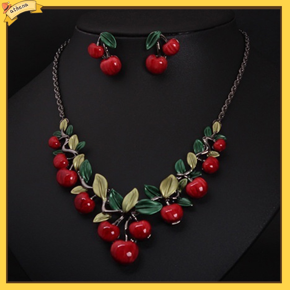 【Athena】 ชุดเครื่องประดับ สร้อยคอ ต่างหูจี้เชอร์รี่แดง สไตล์วินเทจ สำหรับผู้หญิง ราคา ถูกที่สุด ดีลบีเคเค แกลเลอรีภาพที่ 4