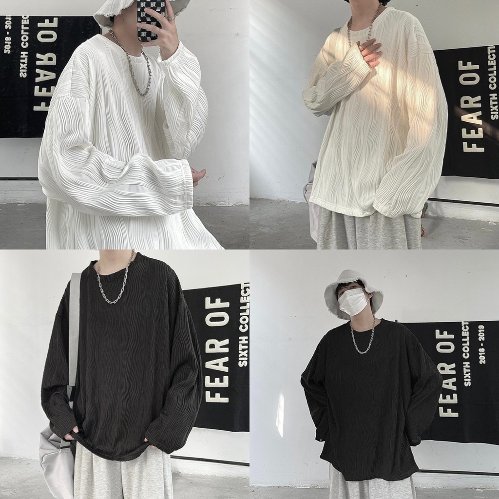 พร้อมส่ง! เสื้อยืด แขนยาวสีพื้น ลายเส้นคลื่น ทรงโอเวอไซส์ สไตล์เกาหลี ผ้านุ่มใส่สบาย ทรงสวย L65