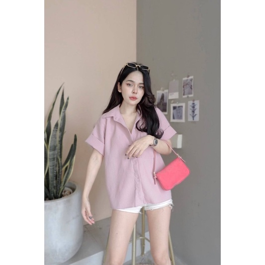 บบ2918 เสื้อบับเบิ้ล แขนสั้น ทรงคอปกมีกระดุมหน้า ใส่งานจริง