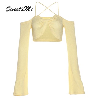 Sweeticme ใหม่ เสื้อยืดลําลอง แขนยาว เปิดไหล่ สีพื้น เซ็กซี่ แฟชั่นสําหรับสตรี 2022