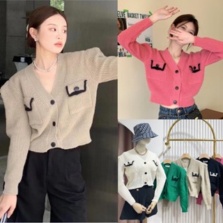 🔆Sunny🔆เสื้อคลุมคาร์ดิแกนแต่งกระเป๋ากุ้นขอบ💕เสื้อคลุมไหมพรมแขนยาว คาร์ดิแกนแขนยาว