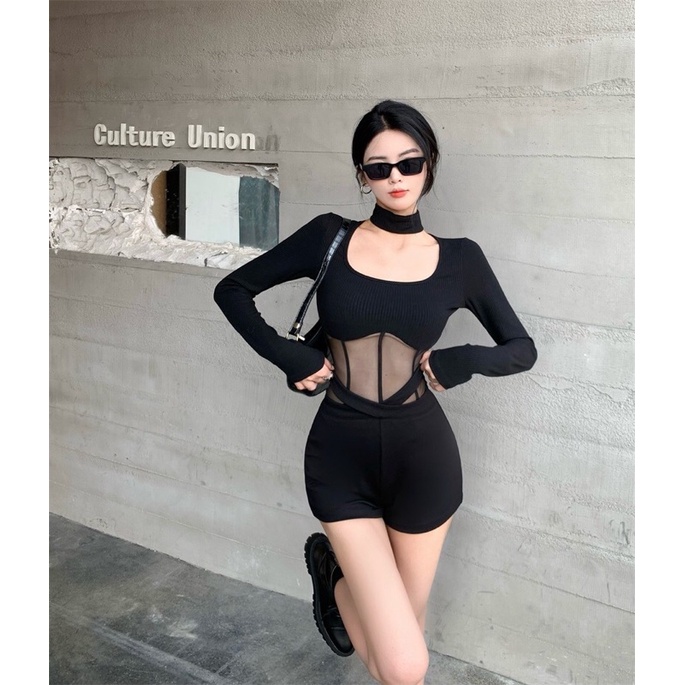 🖤บอดี้สูท แขนยาว ต่อผ้าซีทรู+โช๊คเกอร์ สีดำ 42OCT22