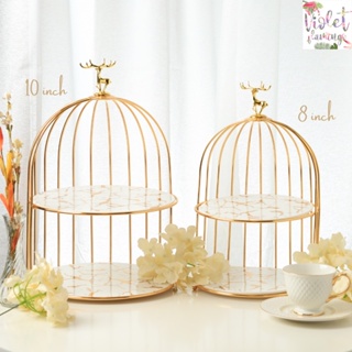 Violet Flamingo ชั้นวางเค้ก/ชั้นวางขนม Bird Cage Cake Stand จานลายหินอ่อนสุดหรู