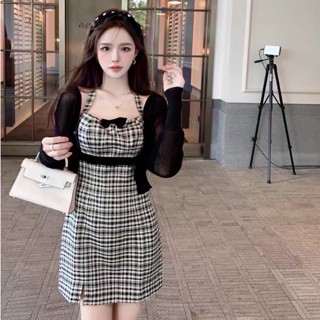 🇹🇭พร้อมส่ง🇹🇭 UP209 🖤Tabby dress🖤 มินิเดรส เดรสสั้น ลายตาราง ชุดไปทะเล ซิปหลัง ผ้ากำมะหยี่