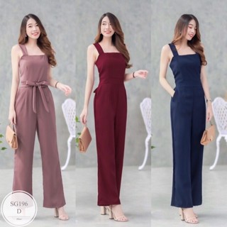 ML196  Jumpsuit จั้มสูทสายเดี่ยว ขายาว ผ้าซาร่าสีพื้น แขนกุด มีซิปซ่อนด้านหลัง มีกระเป๋าข้าง มีโบว์ผูกเอาปรับระดับเอวไ