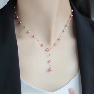 สร้อยคอยิปโซธรรมชาติ ประดับไข่มุก สีม่วงธรรมชาติ สไตล์คลาสสิก