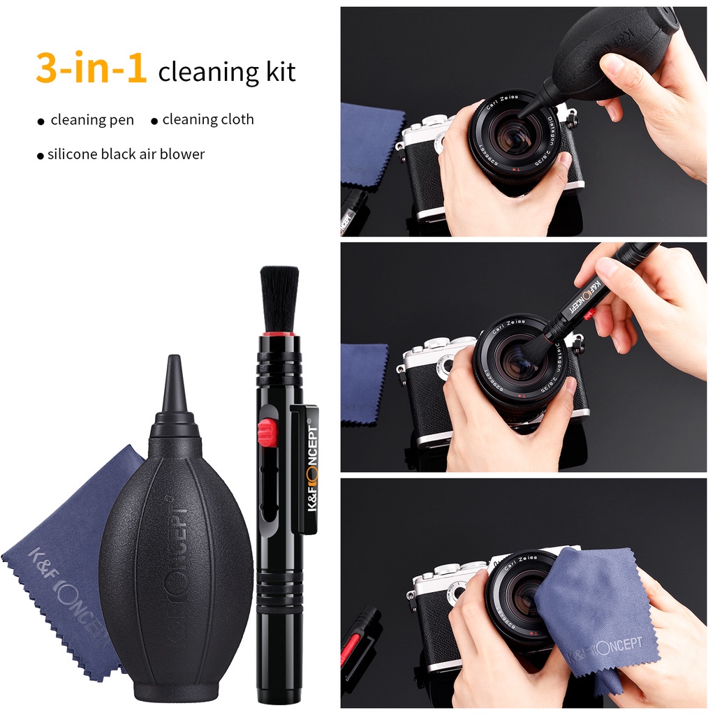 K&f Concept 3 IN 1 ชุดปากกาทําความสะอาดกล้อง + เครื่องเป่าซิลิโคน + ผ้าทําความสะอาด สําหรับ Canon Nikon Sony DSLR