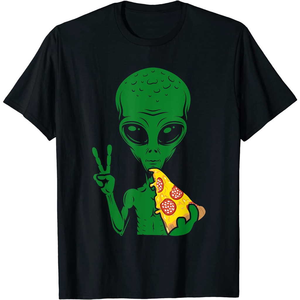 เสื้อยืดผู้ใหญ่ พิมพ์ลายเอเลี่ยนกินพิซซ่า UFO Extraterrestrial